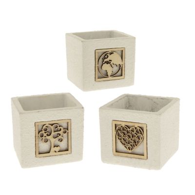 1 PZ WHITE Portapiante con applicazione legno 7x6 cm BOMBONIERA
