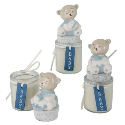 1 PZ BIBI' CANDELA con Orsetto in ceramica CELESTE 11 cm BOMBONIERA