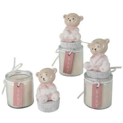1 PZ BIBI' CANDELA con Orsetto in ceramica ROSA 11 cm BOMBONIERA