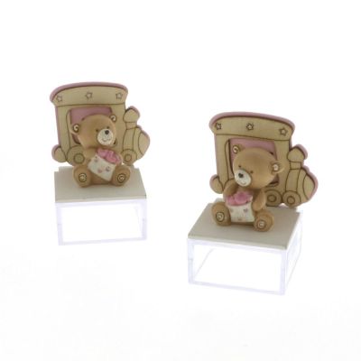 1 PZ Scatola Plexiglass con Orsetto ROSA e trenino legno BOMBONIERA