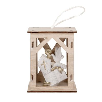 Lanterna legno con ICONA resina SANTA CRESIMA con luce led BOMBONIERA