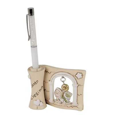 PENNA con PERGAMENA Icona CRESIMA in resina 10x17 cm BOMBONIERA