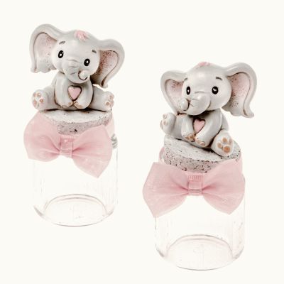 1 PZ NEVE Barattolo portaconfetti resina ELEFANTE ROSA 10 cm BOMBONIERA