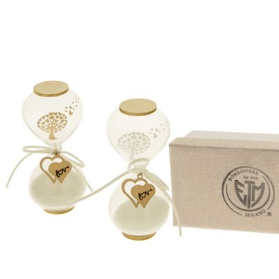 1 PZ CLESSIDRA con albero e cuore 12.5 cm in scatola regalo BOMBONIERA