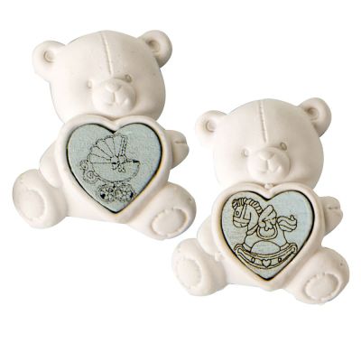 1 PZ Decorazione BOMBONIERA Gessetto ORSETTO con cuore CELESTE 4 CM