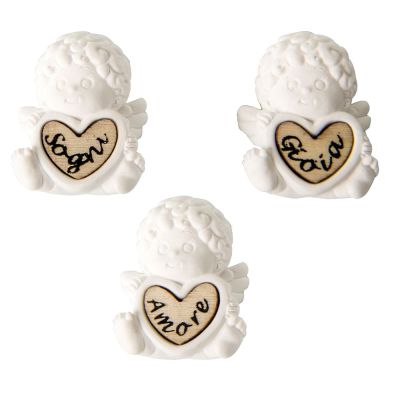 1 PZ Decorazione BOMBONIERA Gessetto ANGELO con cuore scritta 4 cm