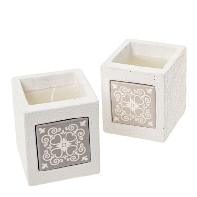 1 PZ FLORAL Candela con mattonella maiolica 7x8 cm BOMBONIERA