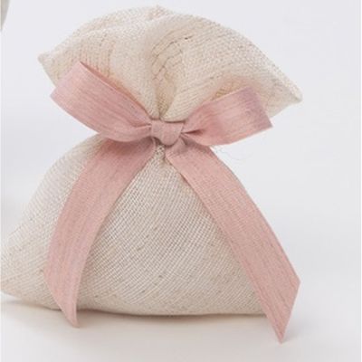 Sacchetto portaconfetti in lino con FIOCCO ROSA 10x11 cm BOMBONIERA