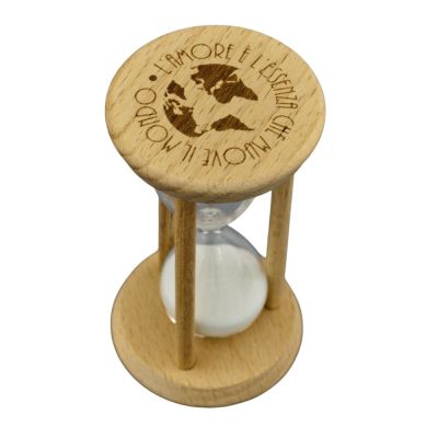 Clessidra bianca con base legno con MONDO 5x5x9 cm BOMBONIERA