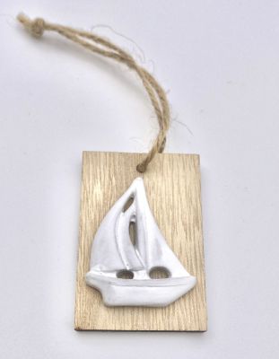 Targhetta in legno da appendere con Barca a vela Bianca DECORAZIONE