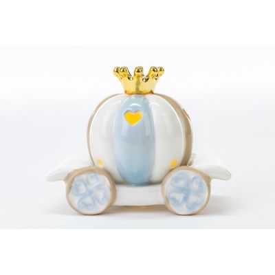 CARROZZA con luce led in porcellana CELESTE 12.5x7x10 cm BOMBONIERA