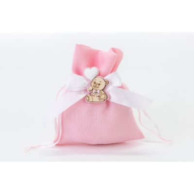 Sacchetto Portaconfetti ROSA con ORSETTO LEGNO 11.5x9 cm BOMBONIERA