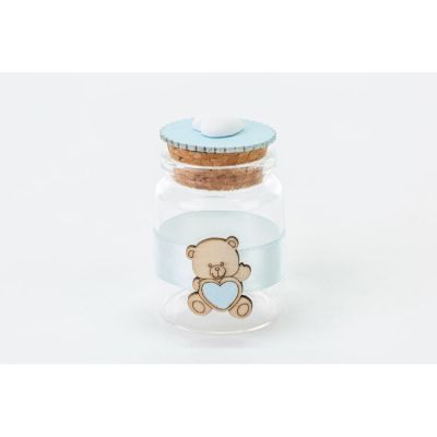Barattolino vetro portaconfetti ORSETTO CELESTE 4.5x6.5 cm BOMBONIERA