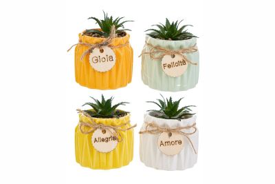 1X Vasetto ceramica colorata con piantina artificiale 10x8cm BOMBONIERA
