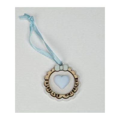 Decorazione BOMBONIERA Applicazione legno CUORE BATTESIMO CELESTE