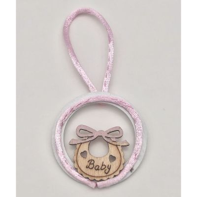 Appendino legno con bavetta ROSA baby 4 cm decorazione bomboniera
