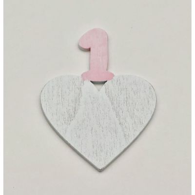Decorazione legno bomboniera CUORE numero 1 ROSA primo compleanno