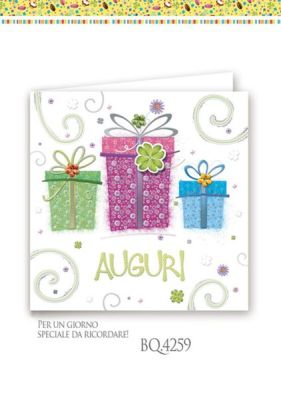 BOUTIQUE Biglietto auguri CON PACCHI REGALO quadrato a rilievo con appli