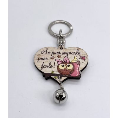 Portachiavi Legno Cuore con Gufetto rosa e frase 'SE PUOI SOGNARLO...