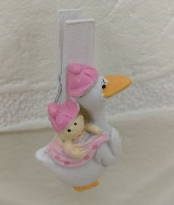 Molletta Mollettina con cicogna ROSA decorazione BOMBONIERA nascita bamb