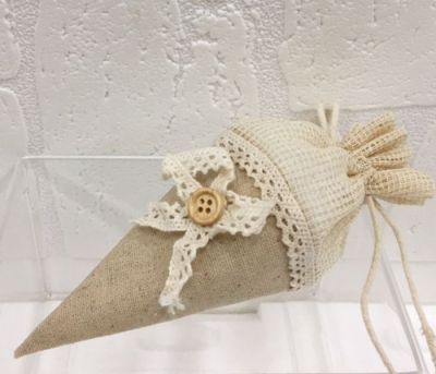 Cono stoffa SHABBY CHIC NATURALE con bottone tirante e orlo BOMBONIERA