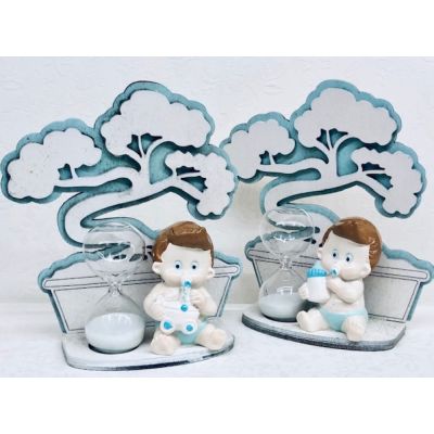 1 PZ BONSAI in legno CELESTE con bambino resina e clessidra BOMBONIERA