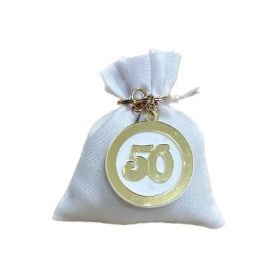 Sacchetto Portaconfetti Bianco con Portachiavi N.50 ORO BOMBONIERA