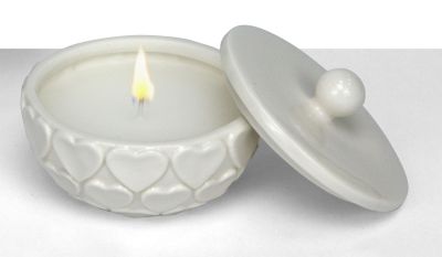 Candela in porcellana bianca design CUORI 10.3x10.3x7.5 cm BOMBONIERA