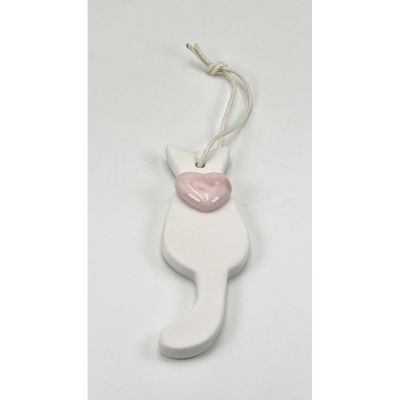 GATTO in porcellana con cuoricino ROSA 10.8x3.5 cm BOMBONIERA