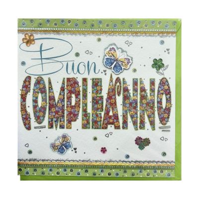 BOUTIQUE Biglietto auguri BUON COMPLEANNO quadrato a rilievo con applica