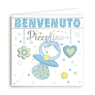 BOUTIQUE Biglietto auguri nascita bambino quadrato con ciuccio celeste