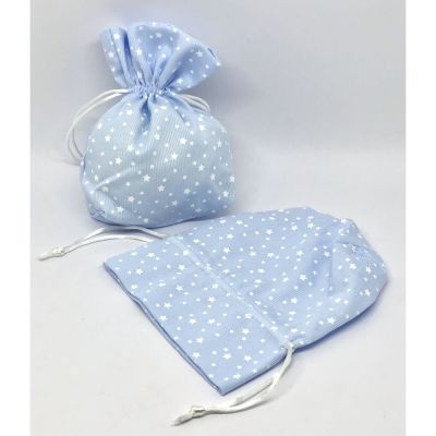 Sacchetto portaconfetti cotone CELESTE con stelline 12 cm BOMBONIERA