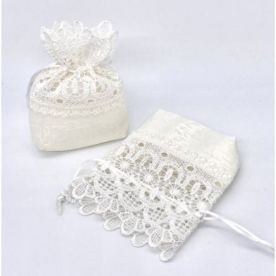 Sacchetto portaconfetti 13x11 cm tessuto lavorato e macramè BOMBONIERA