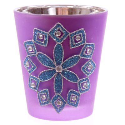 Portacandela bicchiere in vetro con fiore glitter viola 8.5 cm
