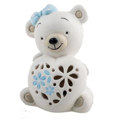 ORSO ORSETTO celeste in ceramica biscottata con luce led 9 cm BOMBONIERA