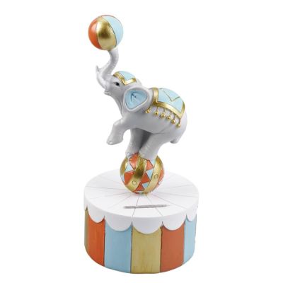 SALVADANAIO Elefante giocoliere celeste in resina 17 cm BOMBONIERA
