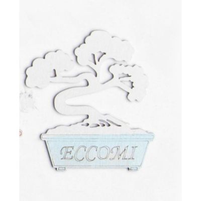 Calamita magnete BONSAI legno CELESTE scritta ECCOMI 6.5 cm BOMBONIERA