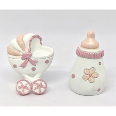 1 PZ Calamita resina PASSEGGINO O BIBERON BAMBINA ROSA 6 cm BOMBONIERA