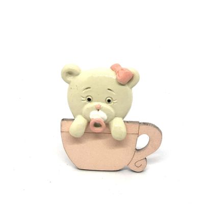 Calamita Orsetto ROSA resina in tazza di legno 5 cm BOMBONIERA
