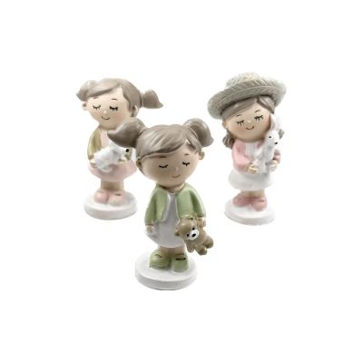 1 PZ Statuina resina BAMBINA resina con animale animaletto BOMBONIERA