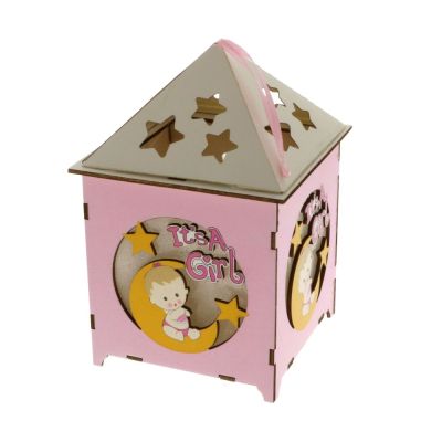 BABY LED Casetta legno ROSA con luce led 11x16 cm BOMBONIERA