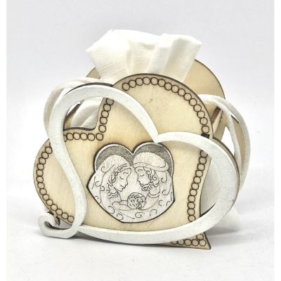 WOOD Cuore legno portaconfetti SACRA FAMIGLIA 7x8.5 cm BOMBONIERA