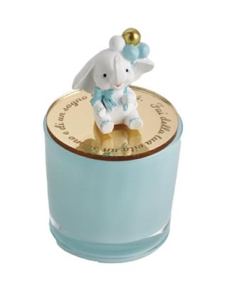 Candela con decorazione ELEFANTE CELESTE in resina 9x6 cm BOMBONIERA