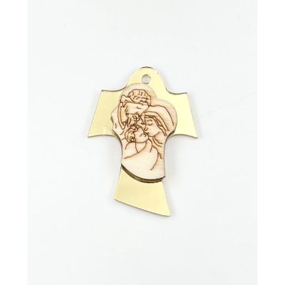 Decorazione BOMBONIERA Croce in plexi ORO con SACRA FAMIGLIA 4 cm