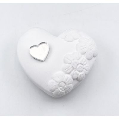 Calamita CUORE GESSO con cuoricino PLEXI ARGENTO 3 cm BOMBONIERA