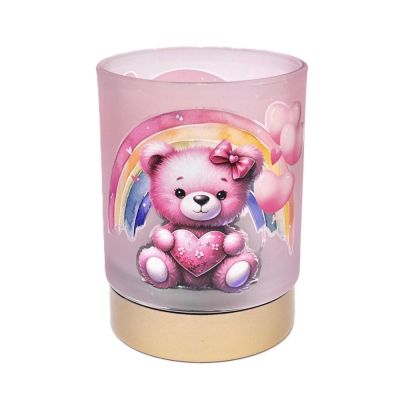 LAMPADA LED vetro ROSA con ORSETTO cuoricino 7x11 cm BOMBONIERA