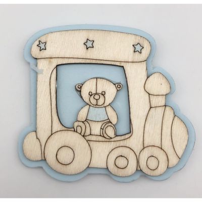 Calamita ORSETTO con trenino CELESTE in legno 6.5 cm BOMBONIERA