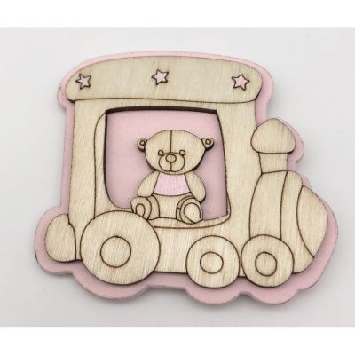 Calamita ORSETTO con trenino ROSA in legno 6.5 cm BOMBONIERA nascita