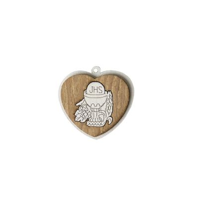 12 PZ Ciondolo legno CUORE PRIMA COMUNIONE 4.5 cm decorazione bomboniera