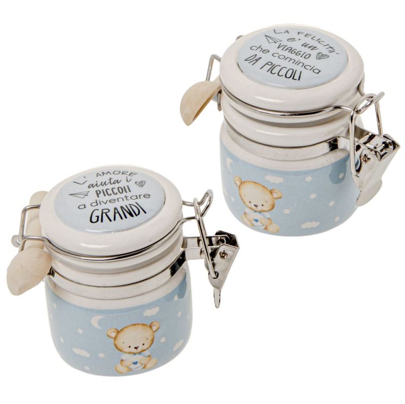 1 PZ Barattolo portaconfetti celeste con orsetto 6.5 cm BOMBONIERA